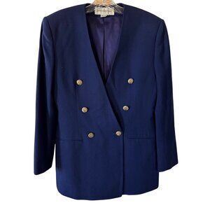 Jones New York Navy Blue Double-Breasted Wool Blazer Gold Buttons Womens Med